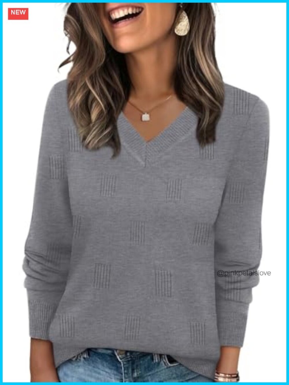 Womens V Neck Long Sleeve Sweater Lightweight Pullover Knit Top
